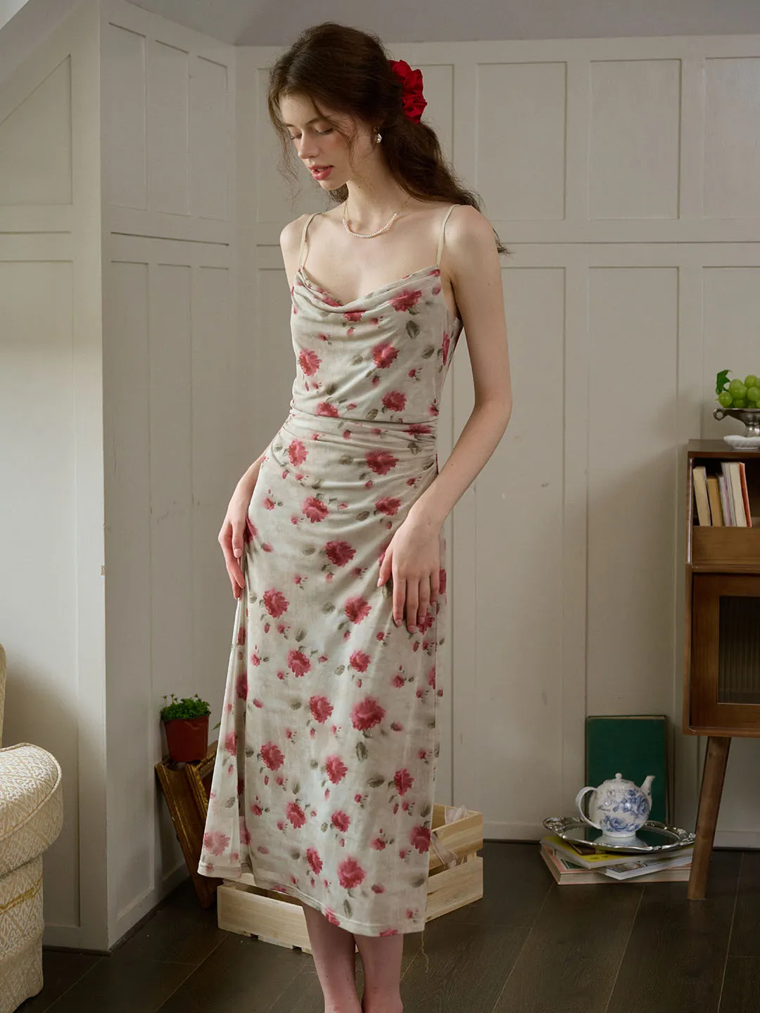 Kaia Romantic Rose Print Slim Fit Slip Dress