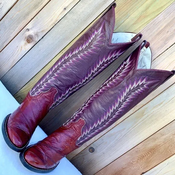 LARRY MAHAN Vintage Eel Exotic Tall Knee High Red Cowgirl Cowboy Western Boots