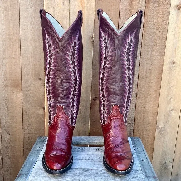 LARRY MAHAN Vintage Eel Exotic Tall Knee High Red Cowgirl Cowboy Western Boots