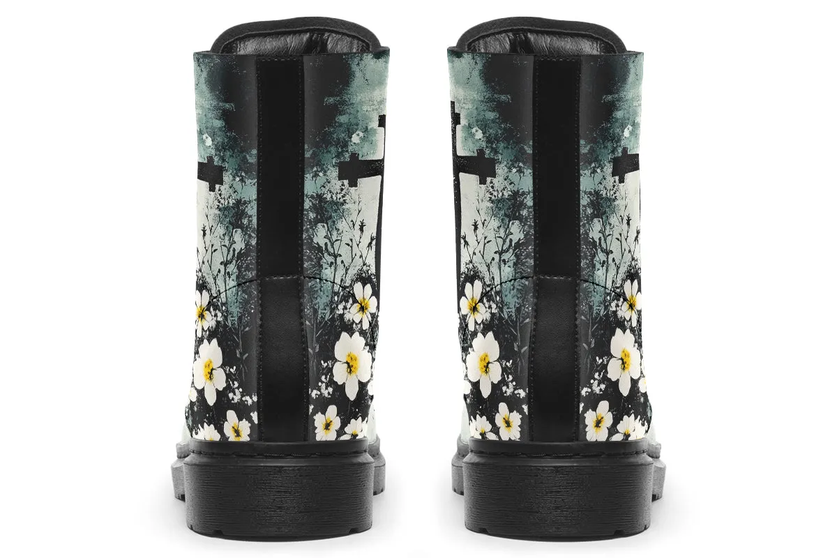 Mourning Petals Boots - Vegan Leather Doc-Style Boots with Durable Stitched on Soles