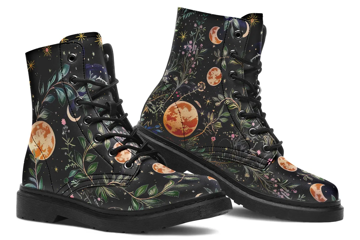 Night Blossom Boots - Vegan Leather Doc-Style Boots with Durable Stitched on Soles