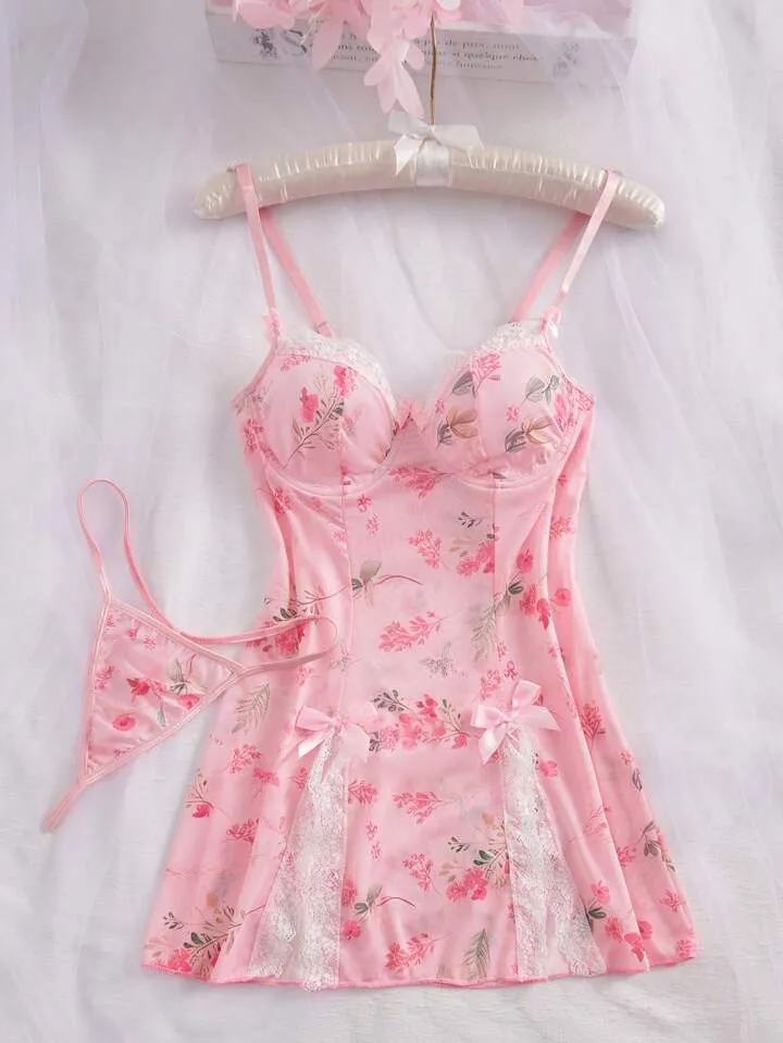 Pink Lace Cami Sleep Lingerie Dress Set