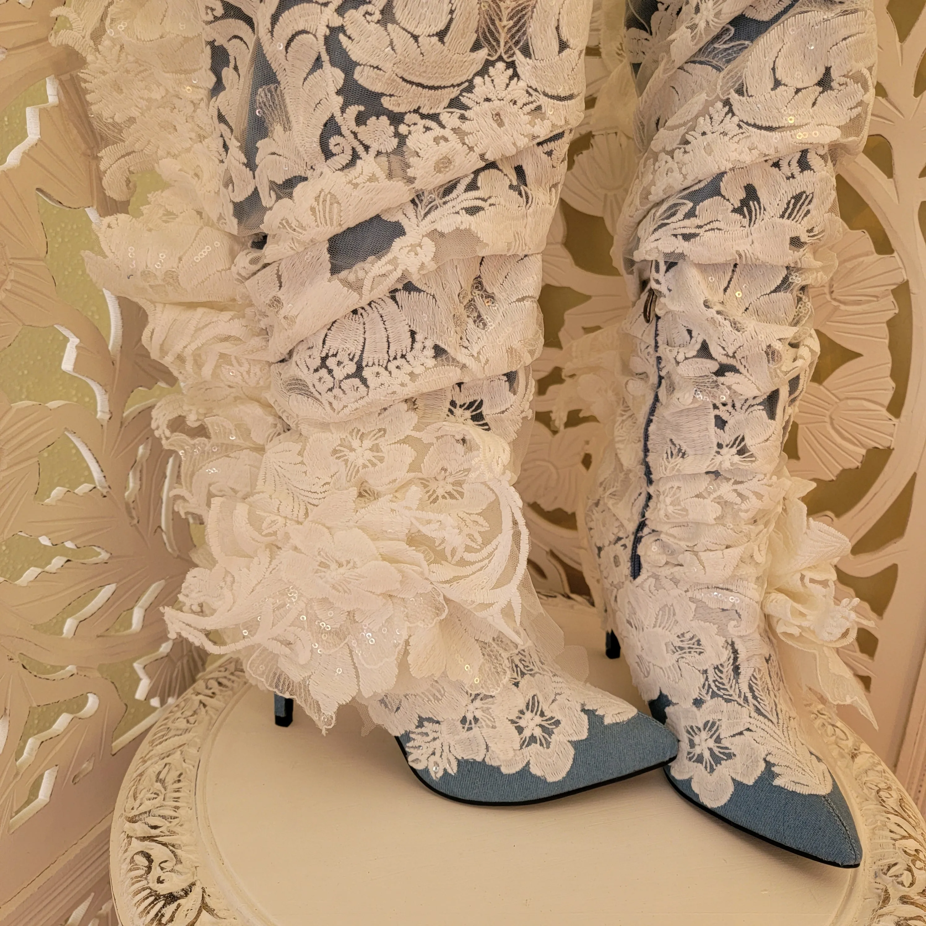 "MAGNOLIA" Denim & White Lace Over The Knee Boots