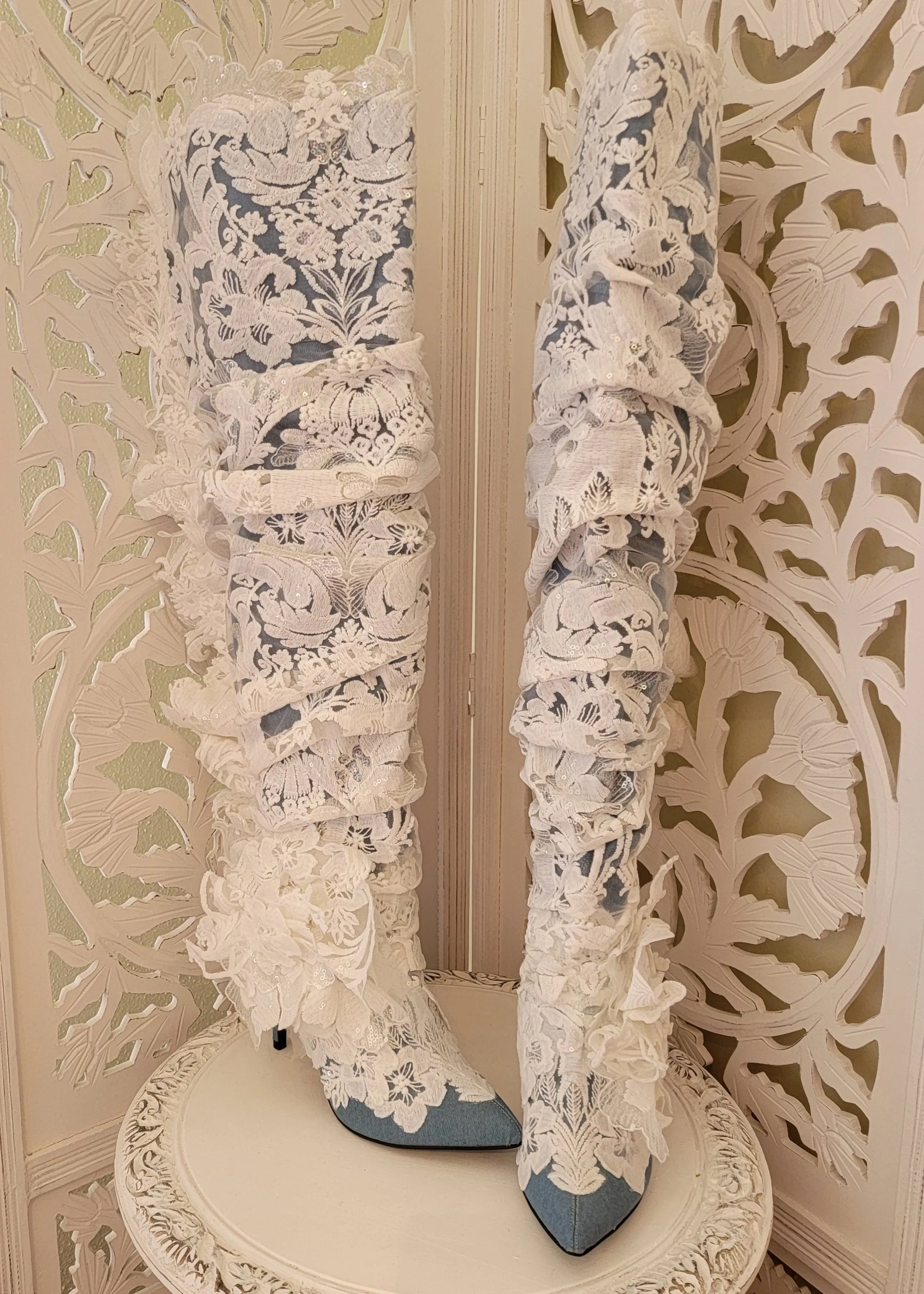 "MAGNOLIA" Denim & White Lace Over The Knee Boots