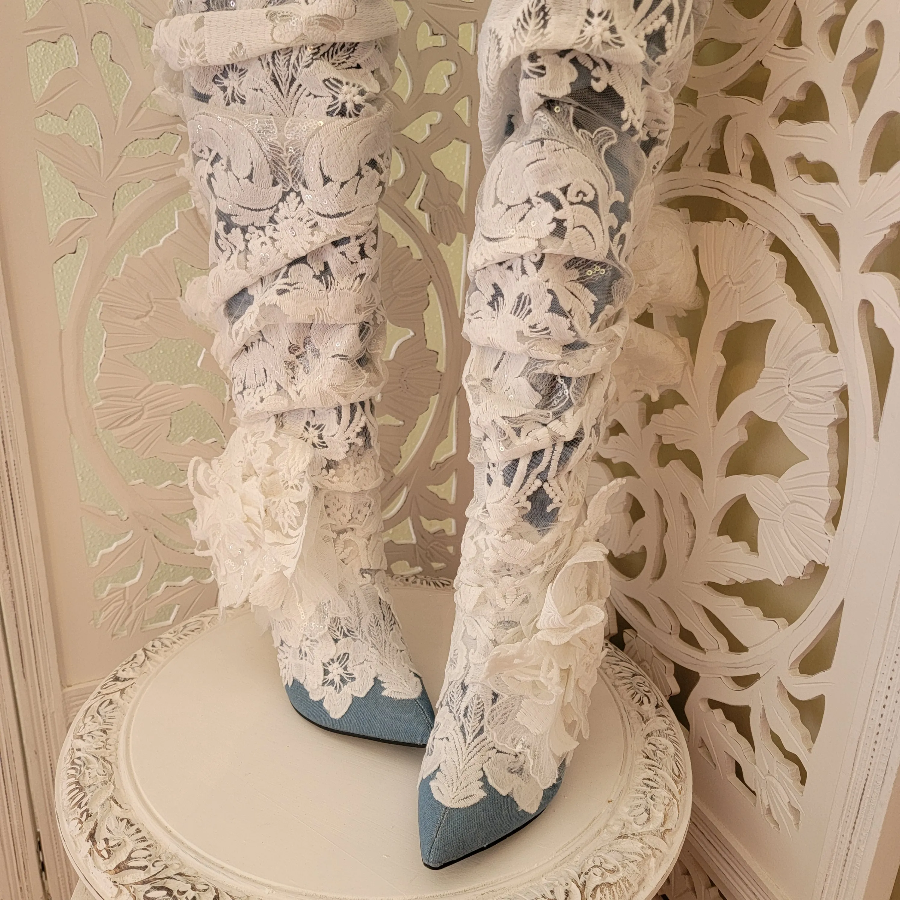 "MAGNOLIA" Denim & White Lace Over The Knee Boots