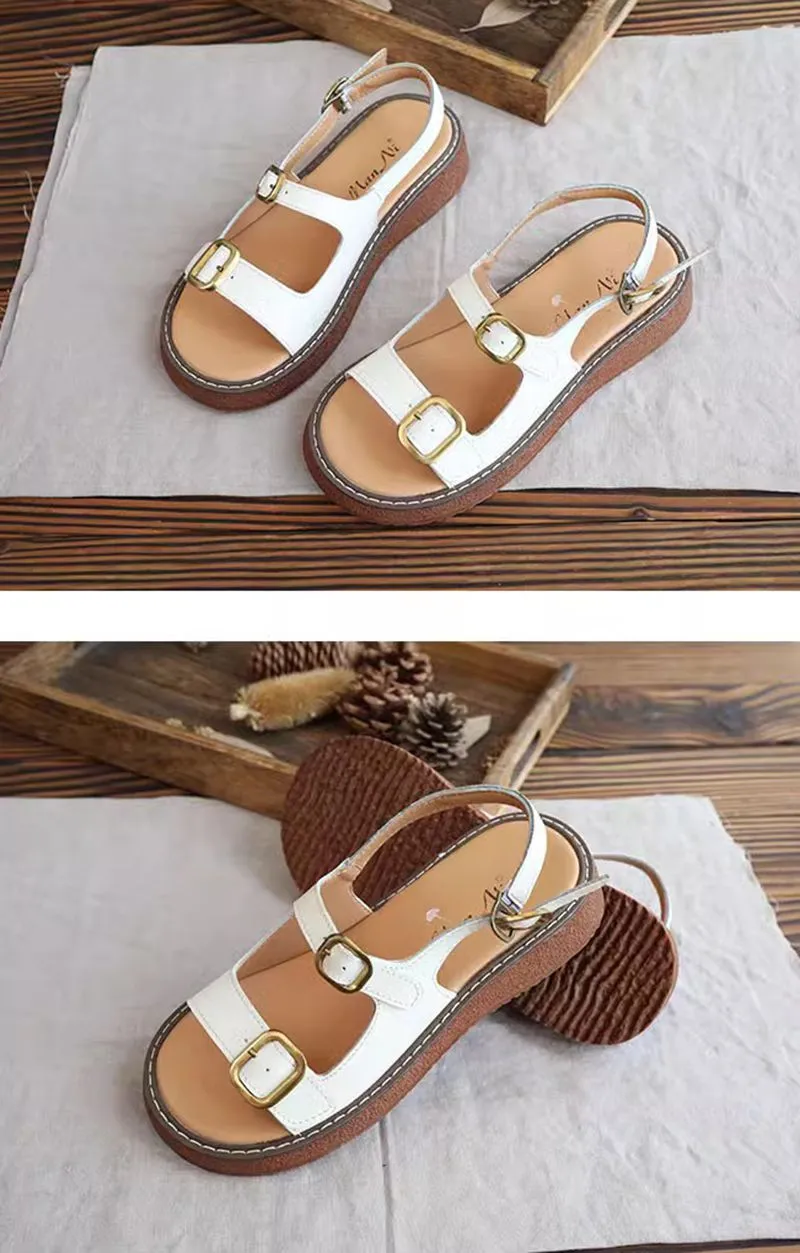 Real Leather Double Buckle Platform Sandals For Women