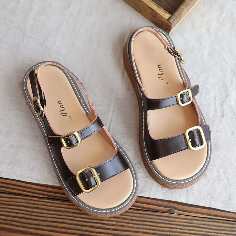 Real Leather Double Buckle Platform Sandals For Women