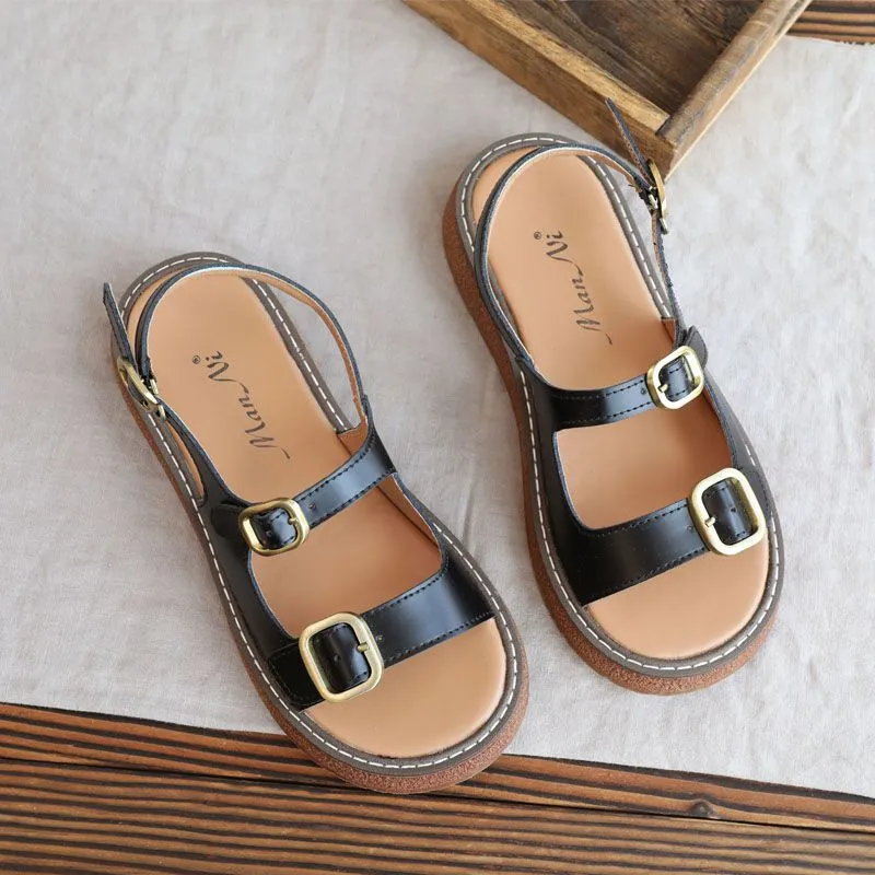 Real Leather Double Buckle Platform Sandals For Women