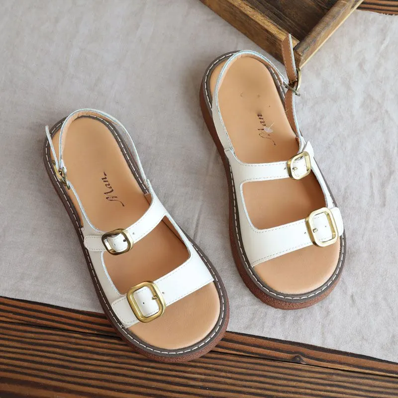 Real Leather Double Buckle Platform Sandals For Women