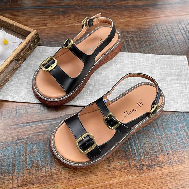 Real Leather Double Buckle Platform Sandals For Women