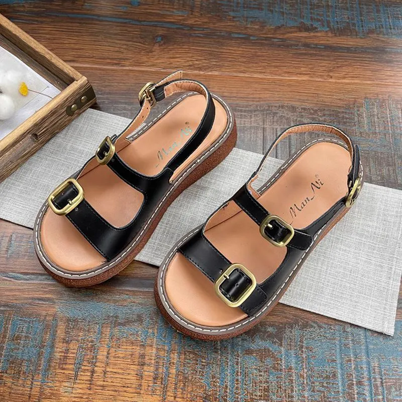 Real Leather Double Buckle Platform Sandals For Women