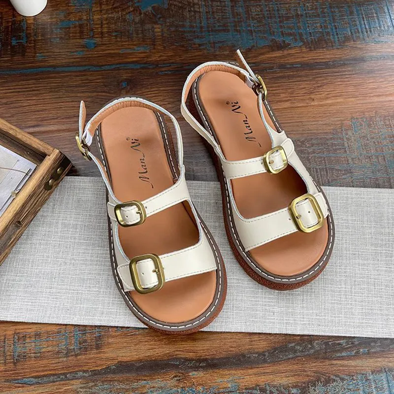 Real Leather Double Buckle Platform Sandals For Women