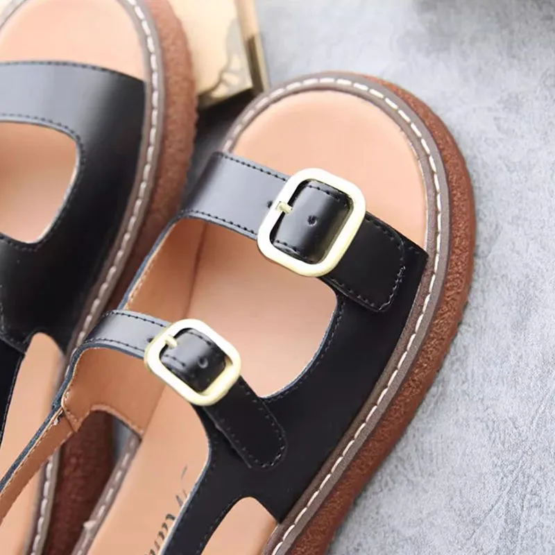 Real Leather Double Buckle Platform Sandals For Women