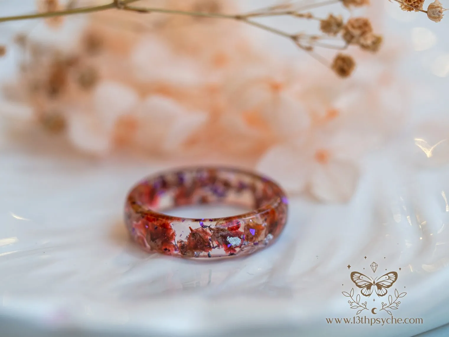 Red baby's breath flowers resin ring