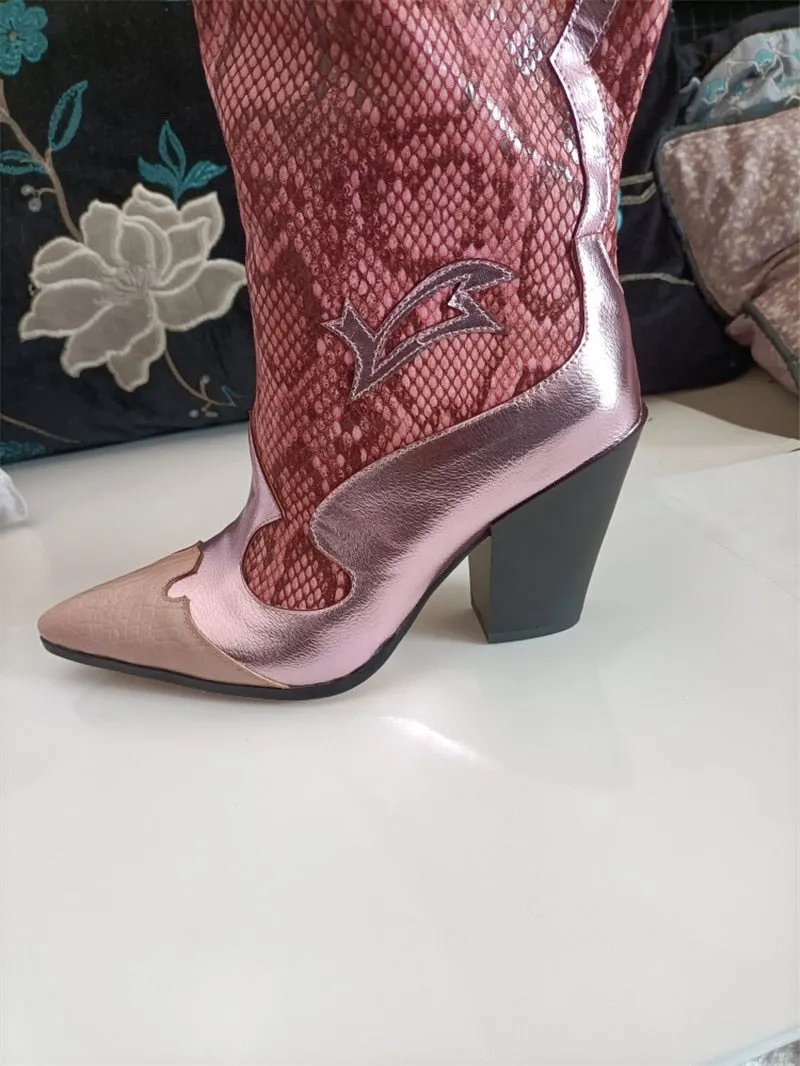 Retro Pink Snakeskin Pointed Toe Over-the-Knee Boots