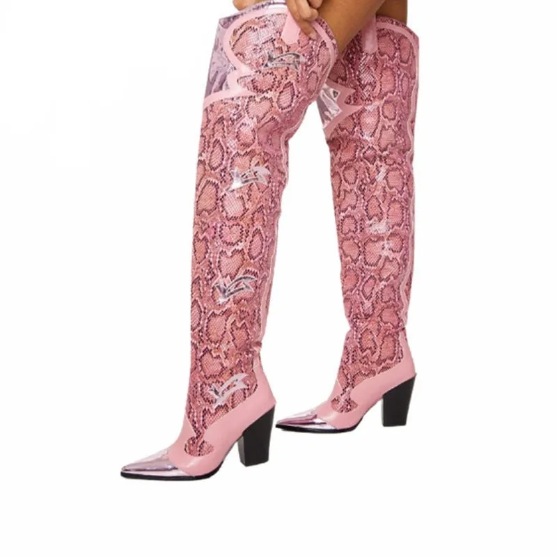 Retro Pink Snakeskin Pointed Toe Over-the-Knee Boots