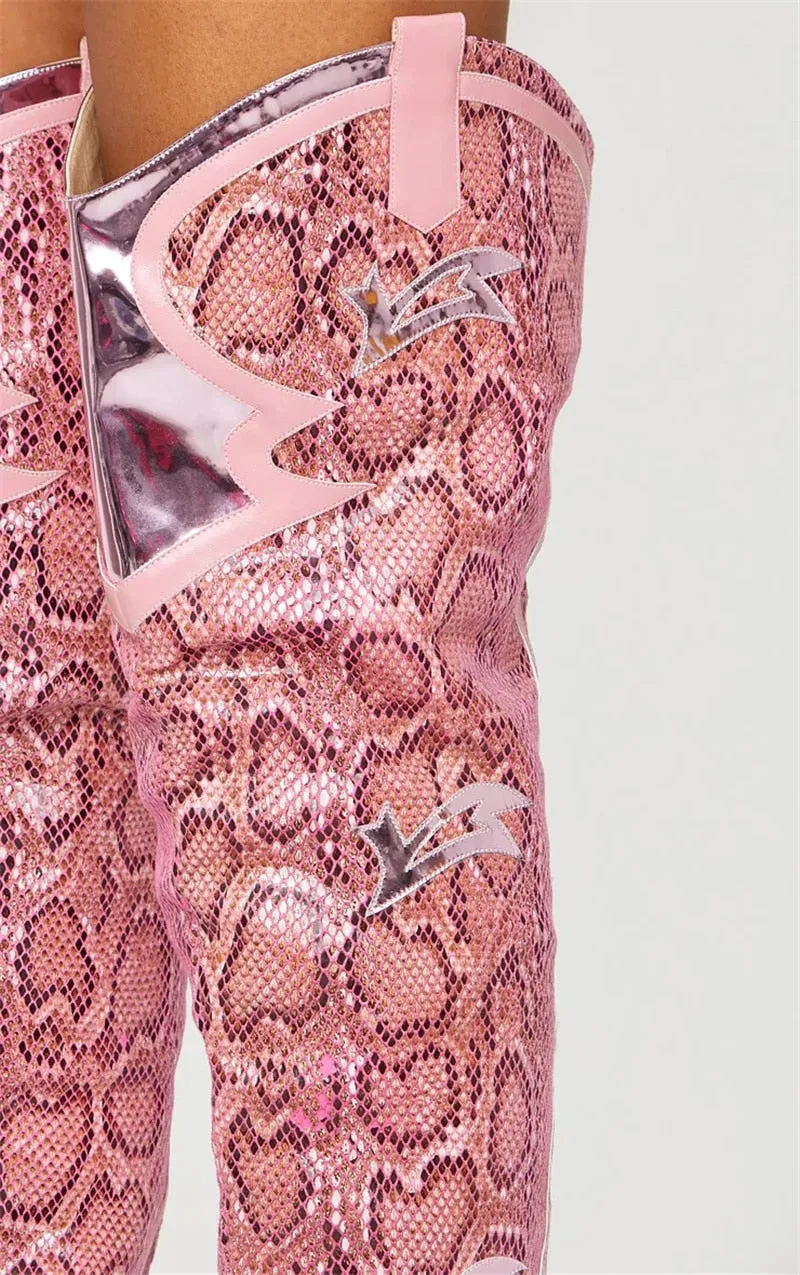 Retro Pink Snakeskin Pointed Toe Over-the-Knee Boots