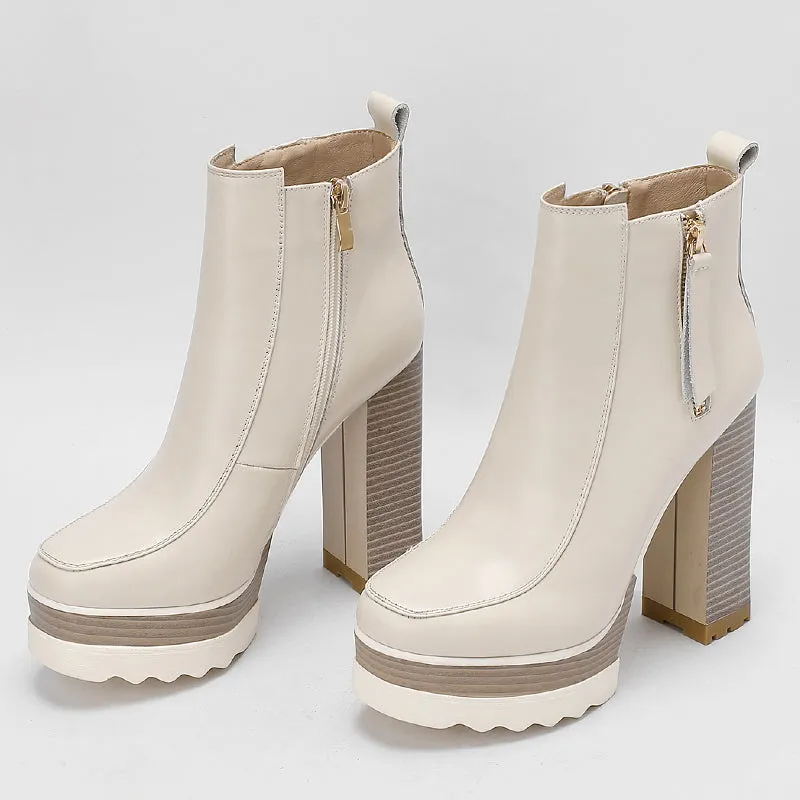 Round Toe Square Heel Platform Ankle Boots