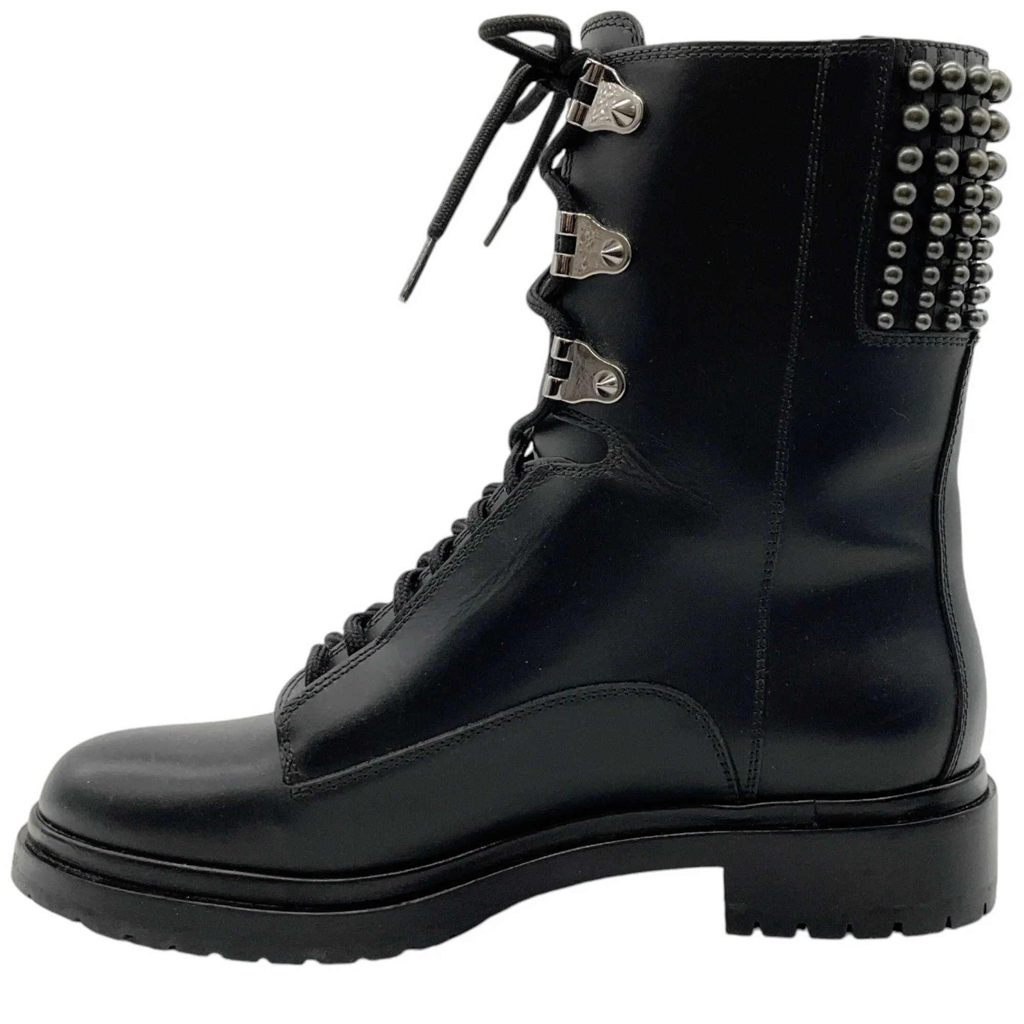 Sergio Rossi Black Leather Studded Lace Up Combat Boots