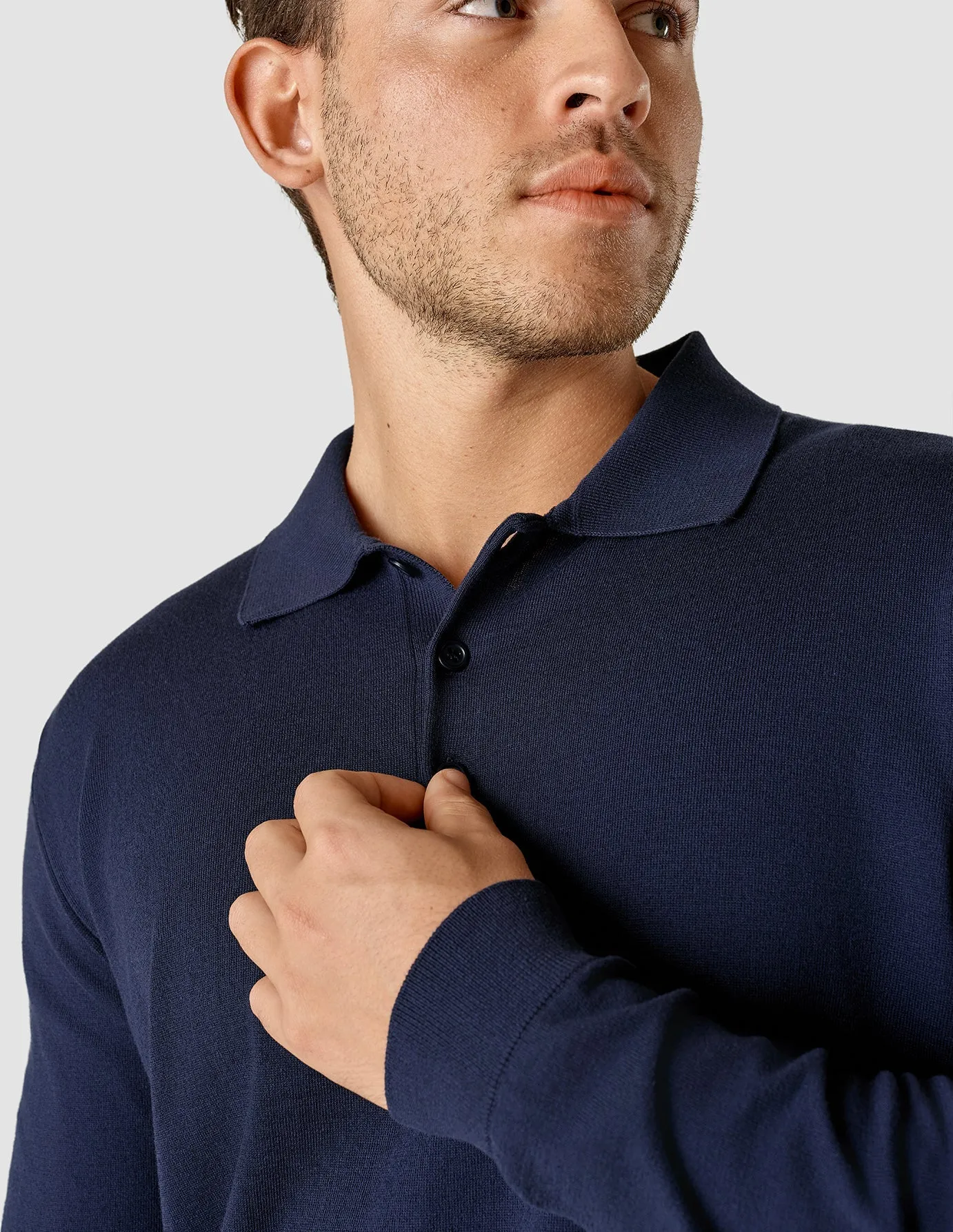 Silk / Cotton Long Sleeve Polo Navy