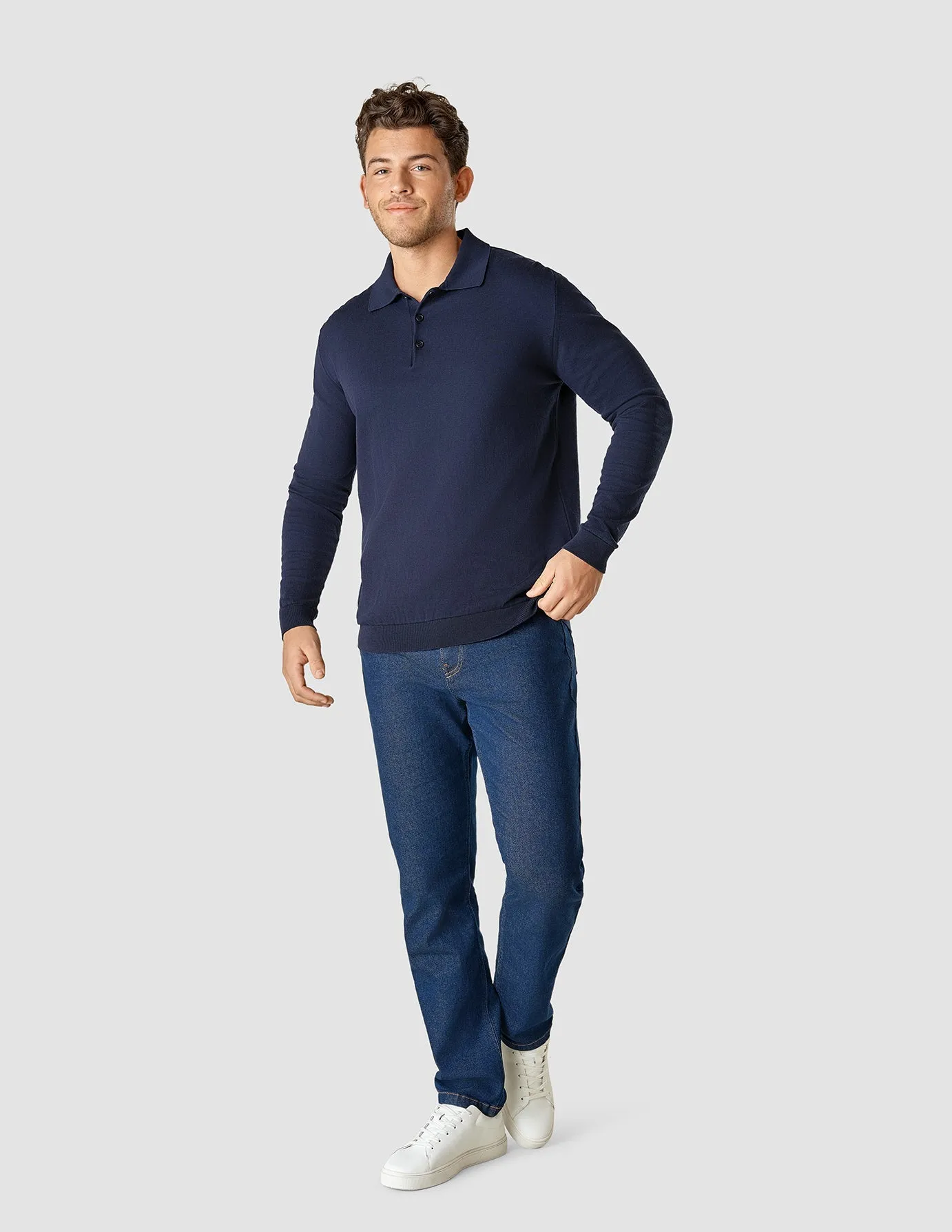 Silk / Cotton Long Sleeve Polo Navy