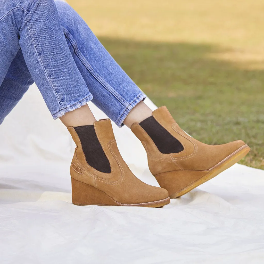 Tesora Tan Suede Leather Mid Heel Wedge Boots.