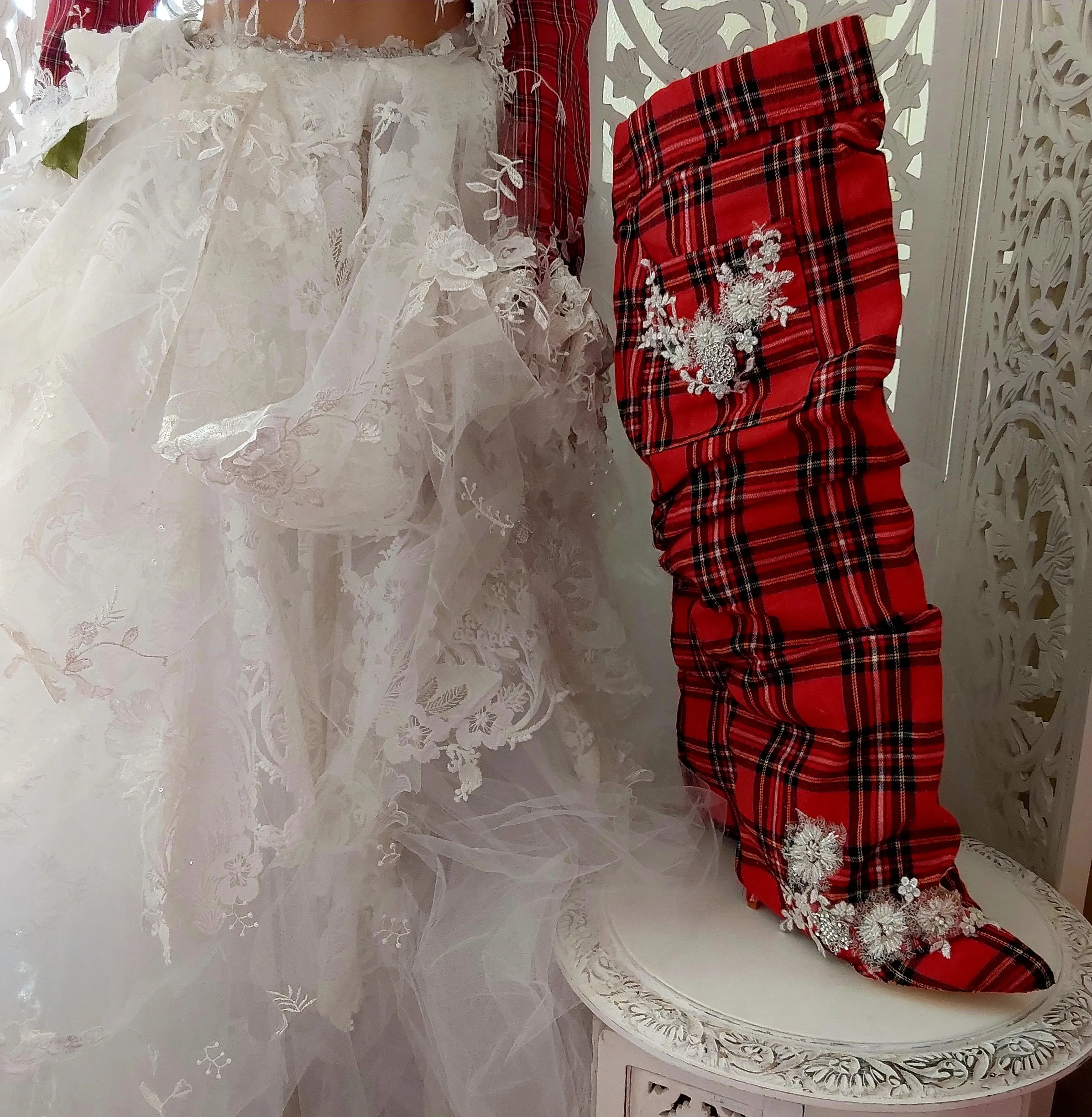 The "MARY STEWART" Scotland Inspired Red Plaid & Lace Wedding Ballgown Set & Matching Thigh Boots