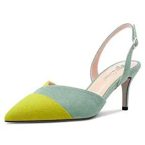 TNYNFBEB Women Mid Heel Pointed Cap Toe Sandals Ankle Strap Slingback Buckle Patchwork Wedding Party Cute Basic Classic 2.6 Inches Heels Light Green