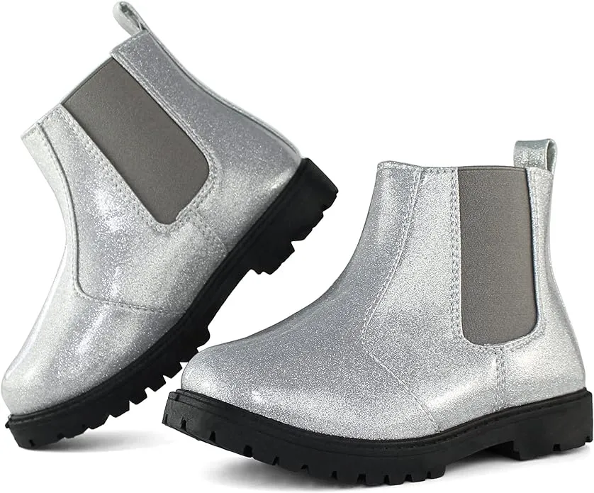 Tobfis Girls Silver Glittery Pull on Rain Boots