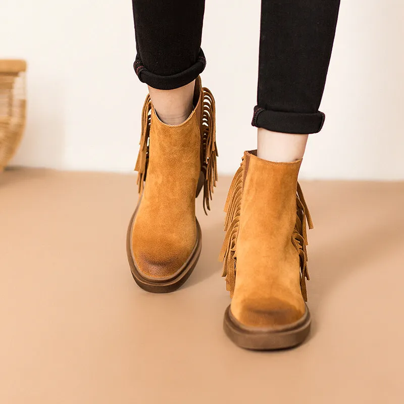 Western R Toe Cowgirl Boots With Tassels Handmade Suede Ankle Boots in Black/Brown