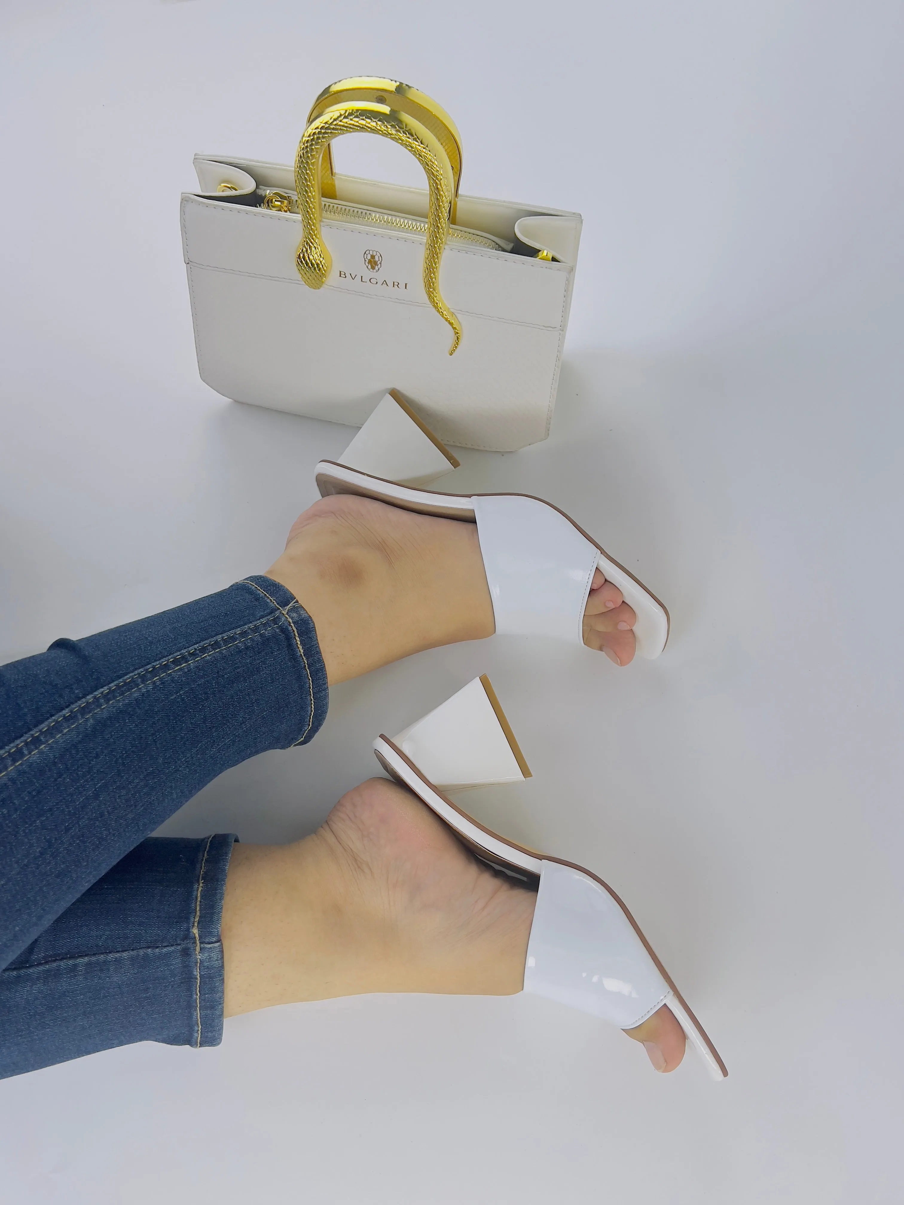 White Matte Leatherette Square Toe Slip-On Heels