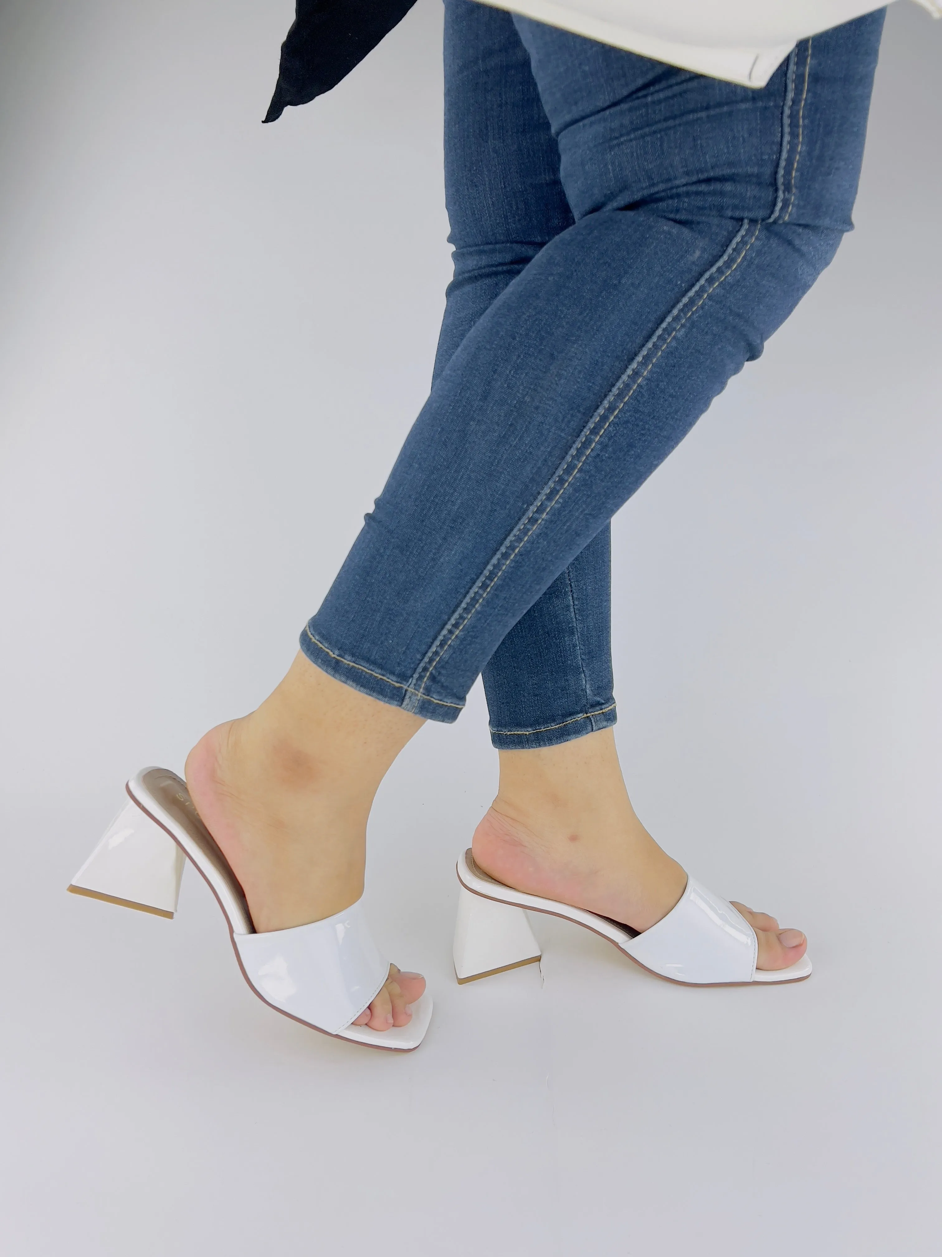 White Matte Leatherette Square Toe Slip-On Heels