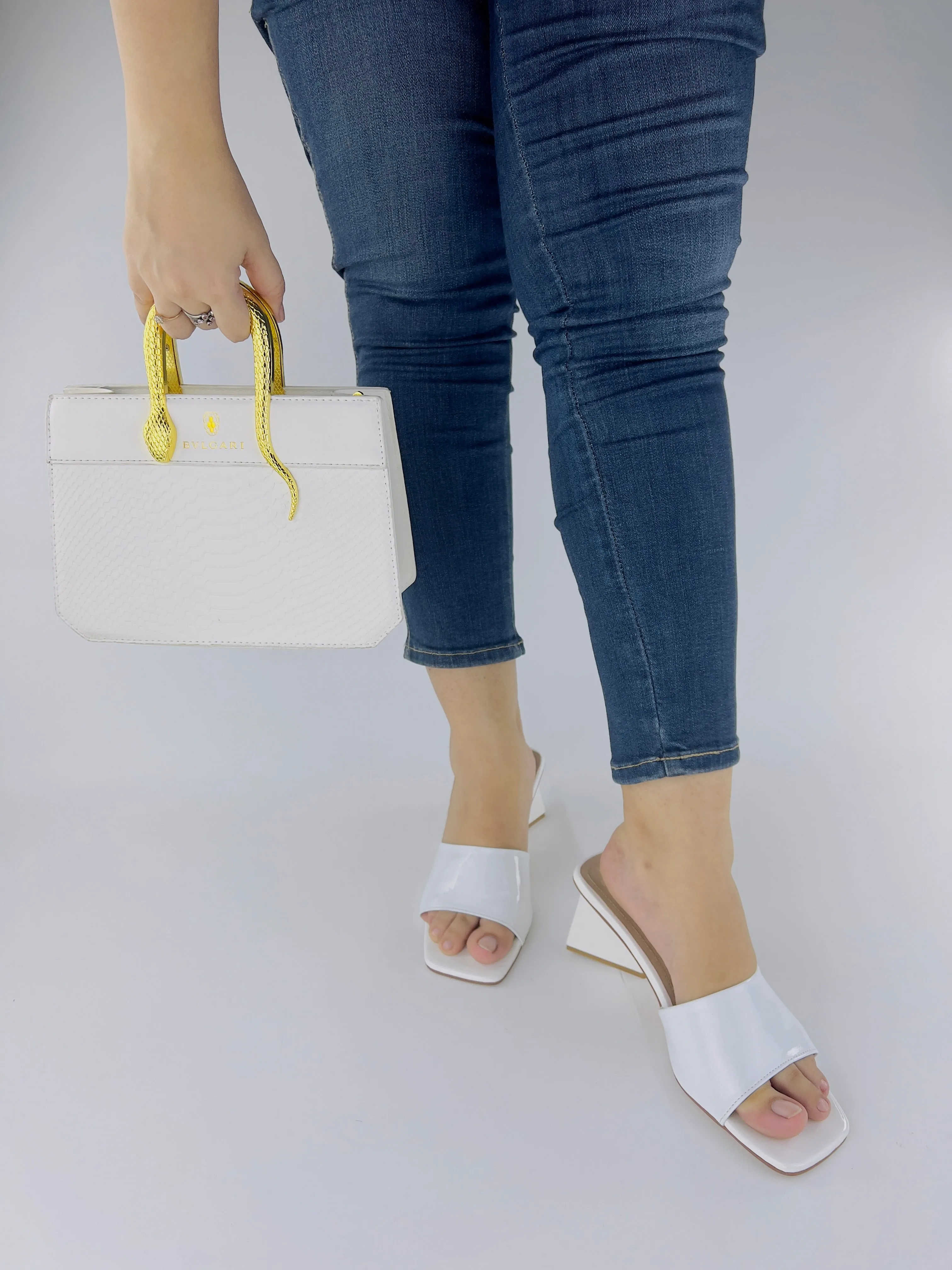 White Matte Leatherette Square Toe Slip-On Heels