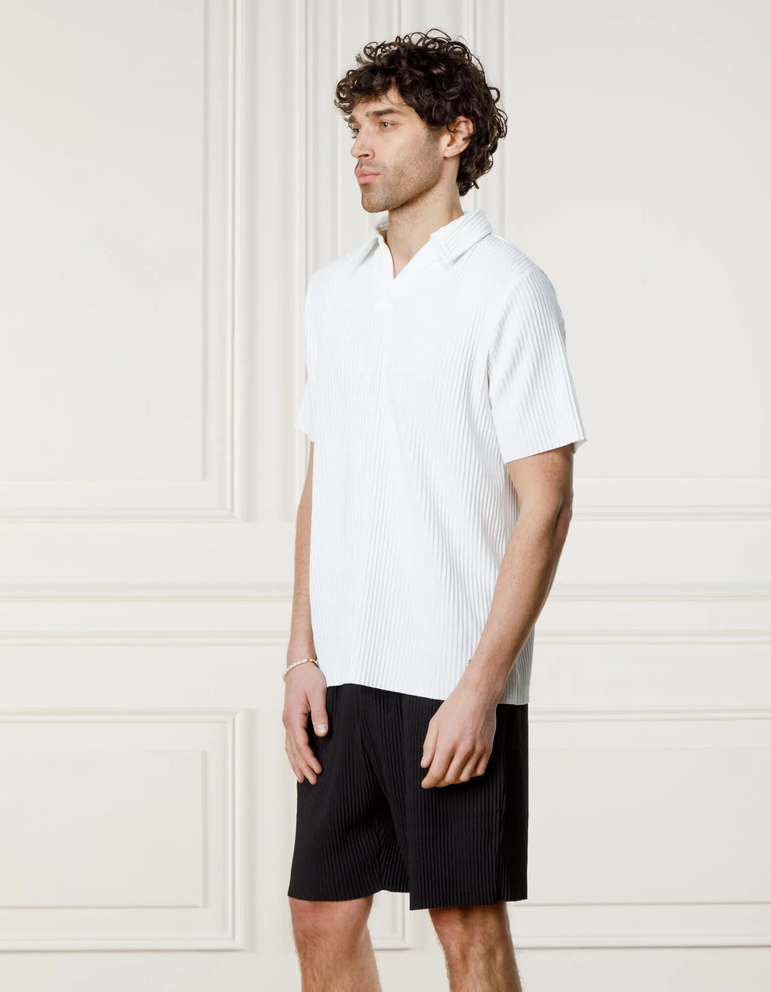 White Pleated Cuban Collar Polo