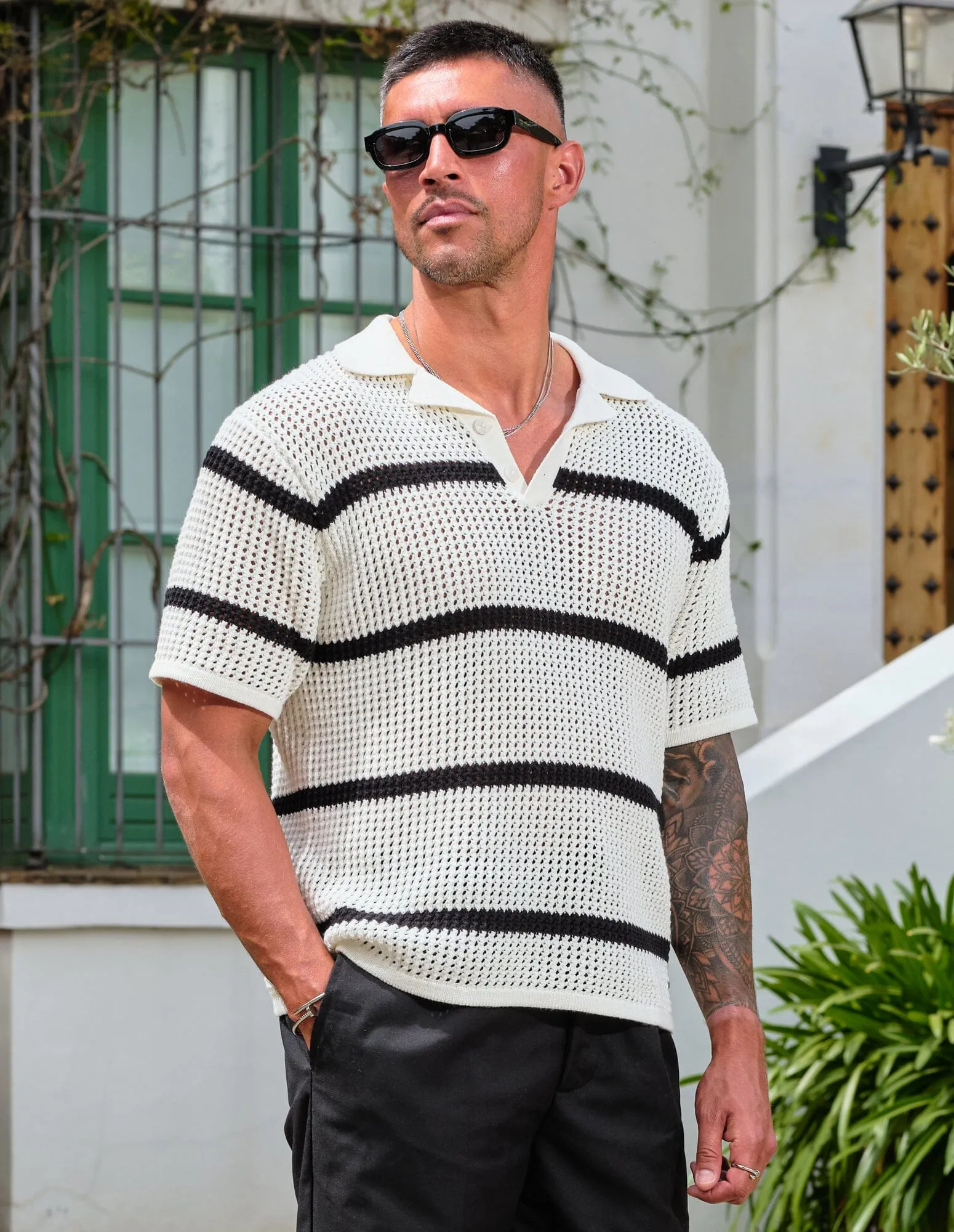 White/Black Striped Crochet Polo