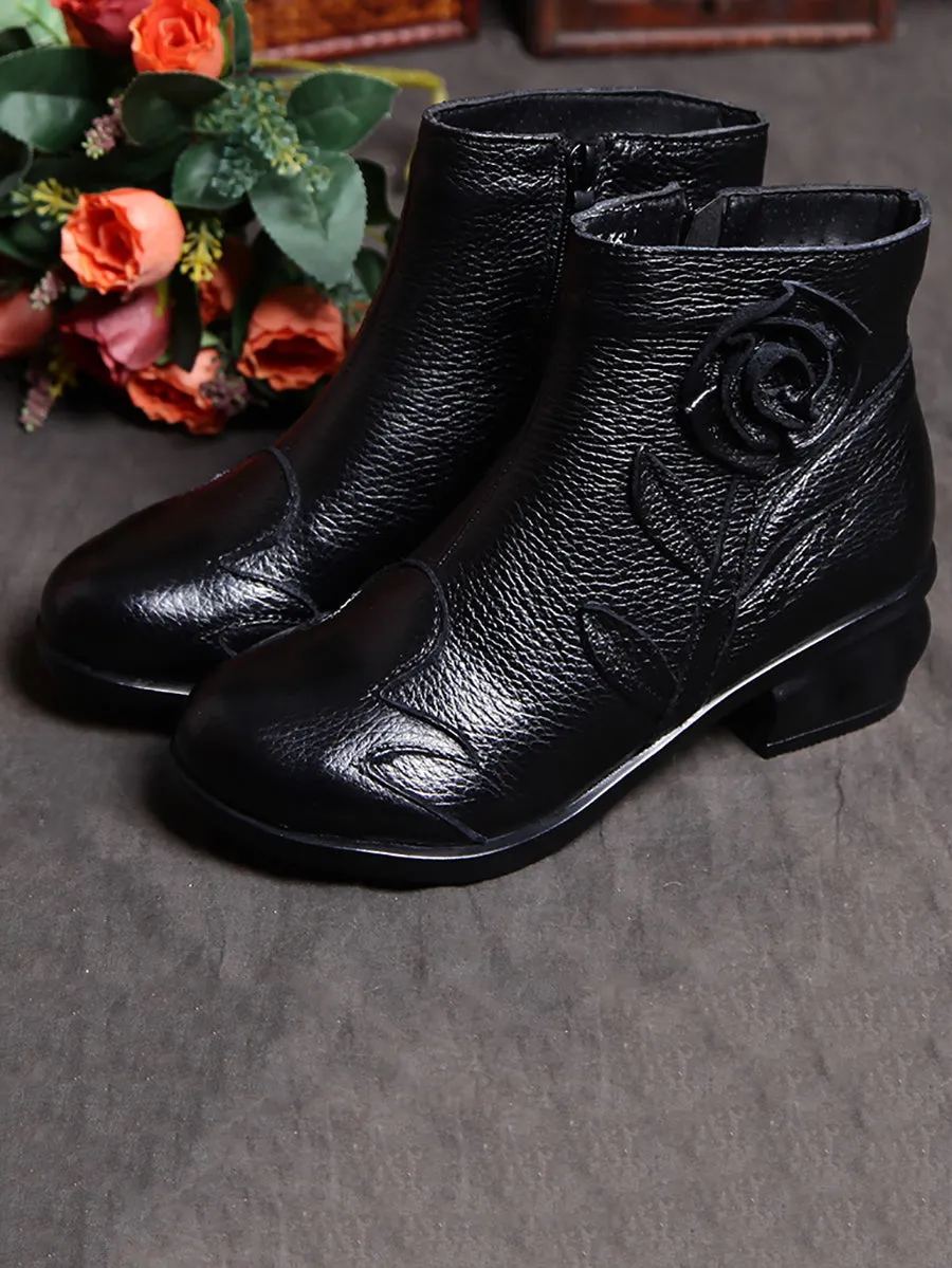 Women Retro Leather Flower Spliced Ankle Boots